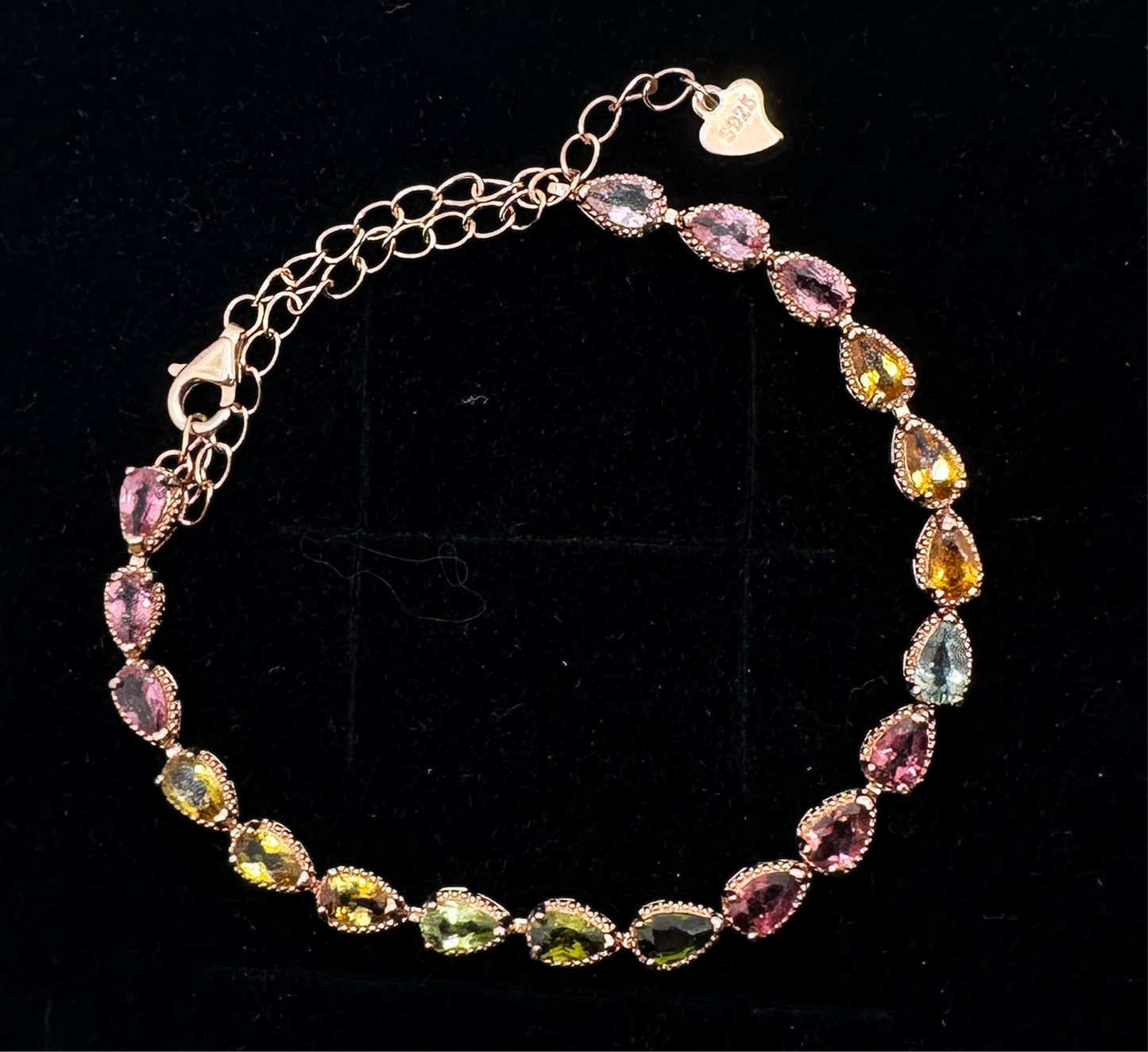 Natural multicolor tourmaline tennis bracelet in 18k rose gold over sterling