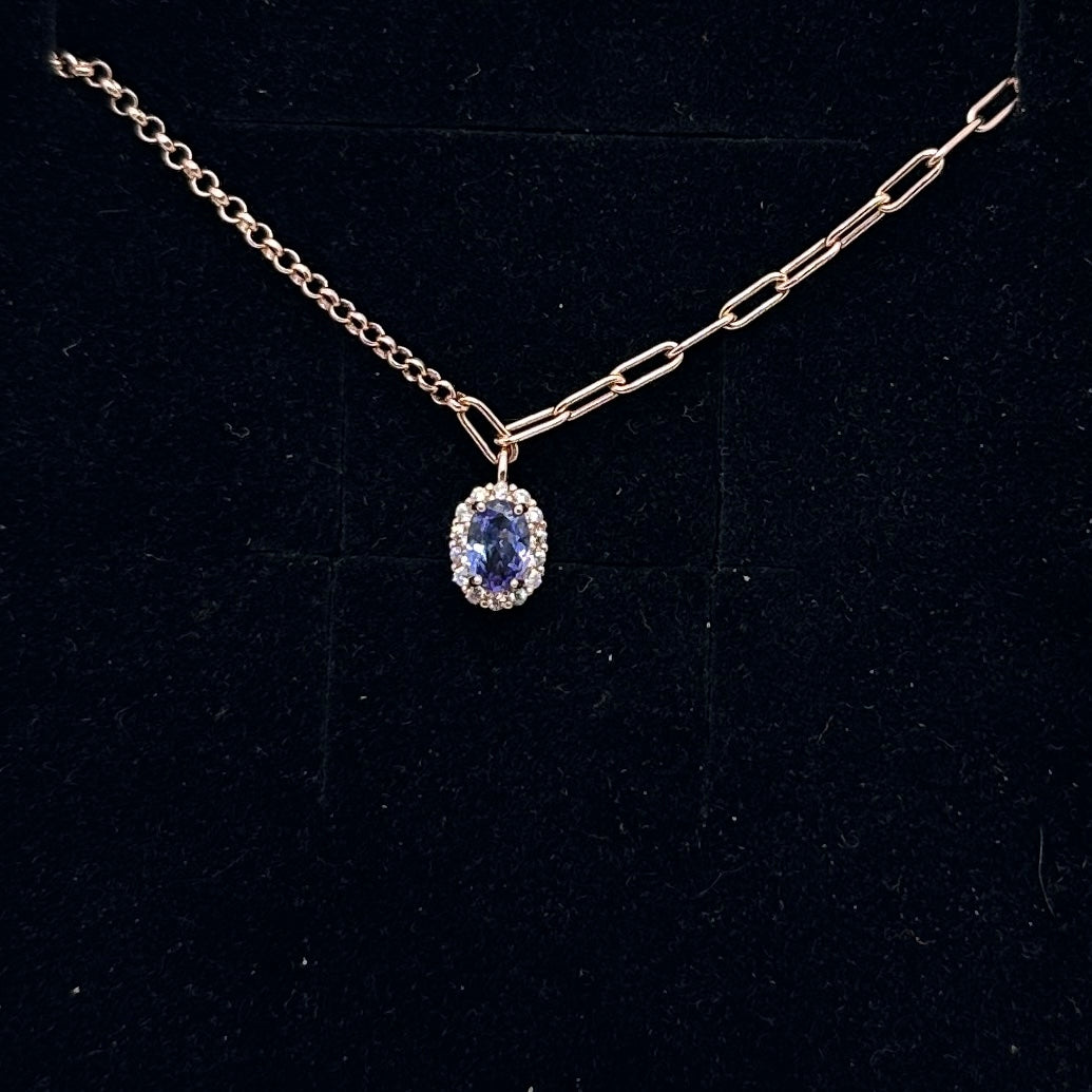 Modern mixed chain necklace with tanzanite charm