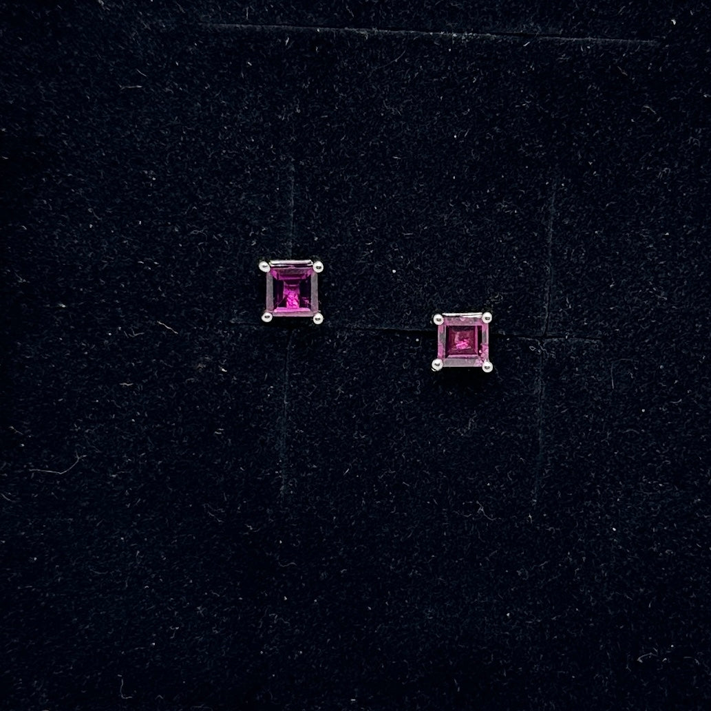 Princess cut rhodolite garnet stud earrings sterling silver