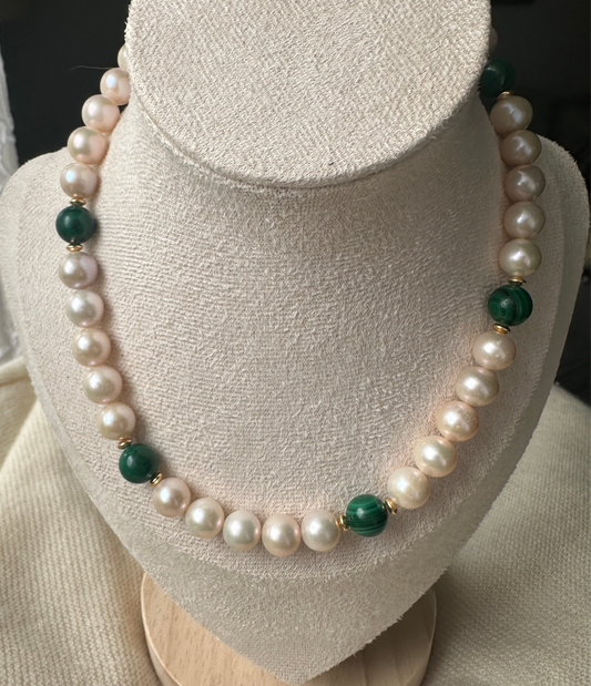 Freshwater pearl, malachite and 18k over sterling silver necklace