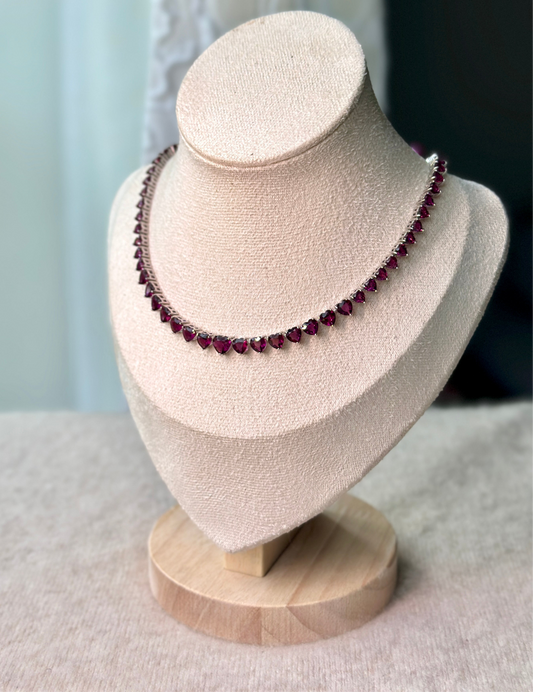 Rhodolite garnet heart tennis necklace