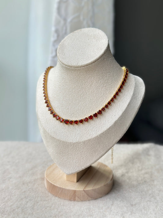 Red garnet heart tennis necklace